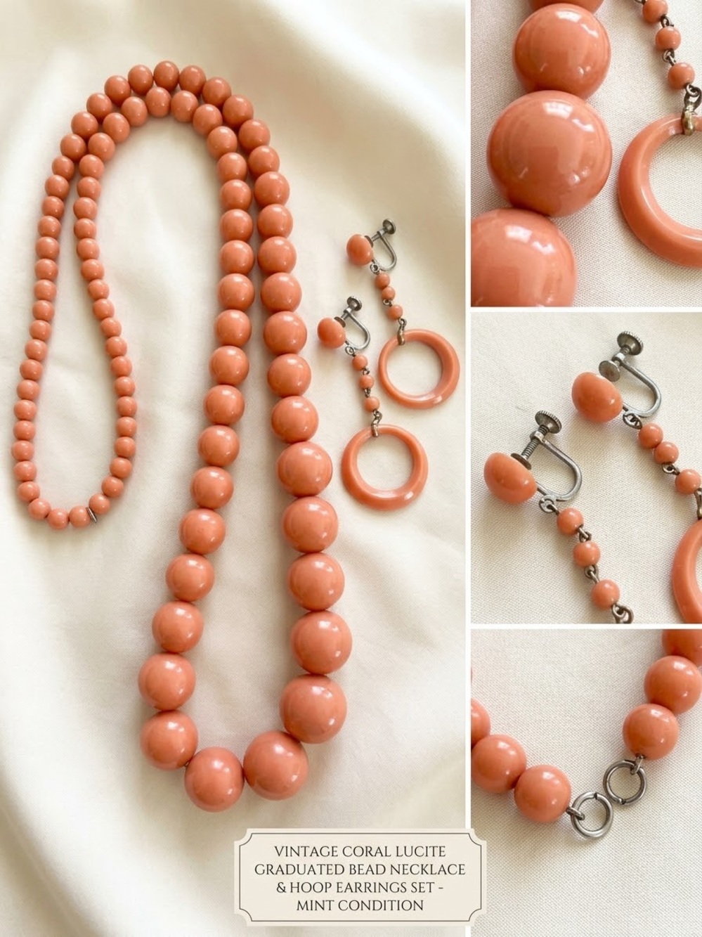 Vintage 1960s Peach Thermoset Necklace & Earring Set. 27” Perfect Mrs. Roper!